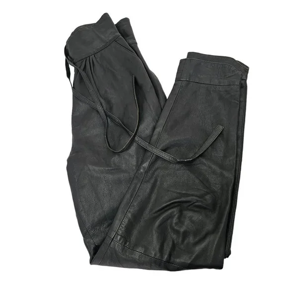 90s High Waist Leather Pants Laced Belt Slash Pockets Curved Hem Womens 26 Black - Picture 8 of 11